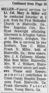 Mary Jo Miller Funeral Notice Sept 16 1966