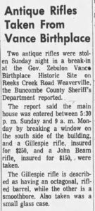 Gillespie Rifle Antique Rifles Taken From Vance Birthplace Asheville Times Sep 4 1973