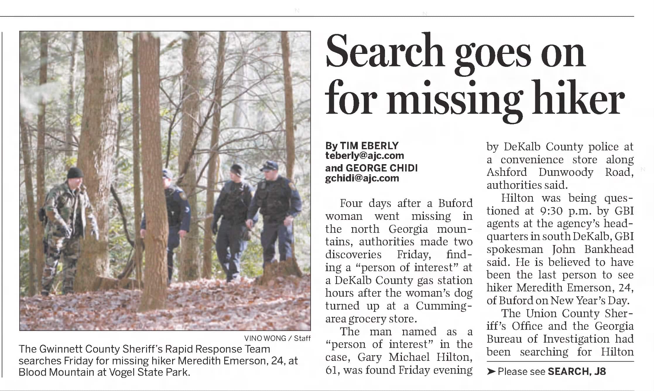 Blairsville Crime Meredith Emerson Search Goes On For Missing Hiker AJC Jan 5 2008 (1)