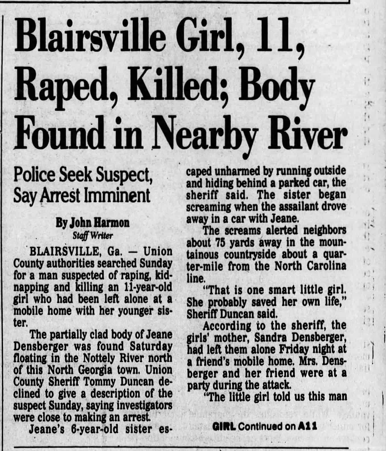 Blairsville Girl 11 Raped Killed Body Found In Nearby River AJC Jul 31 1989
