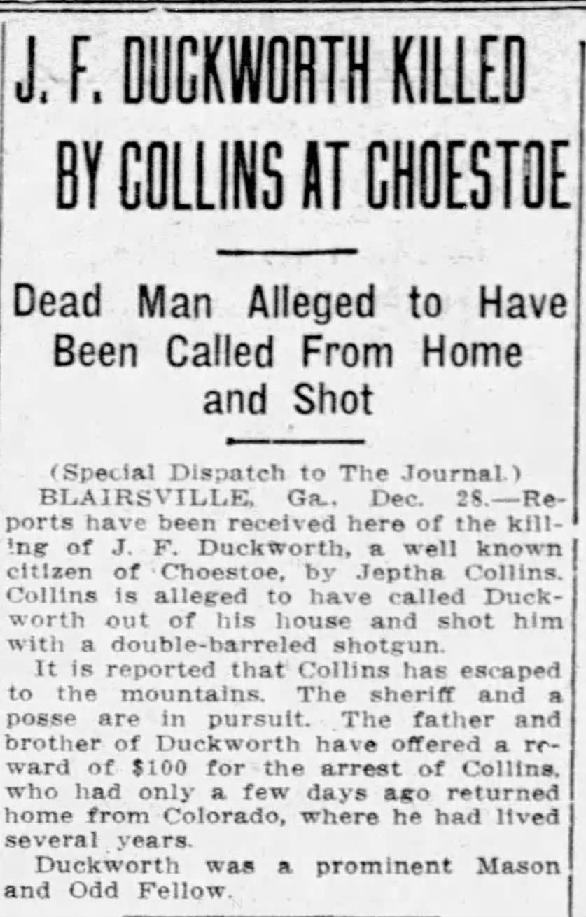 John Francis Duckworth Killed By Collins At Choestoe Dec 28 1910 AJC