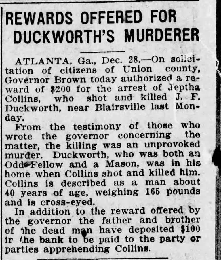 Rewards Offered For Duckworths Murder Dec 29 1910 AJC
