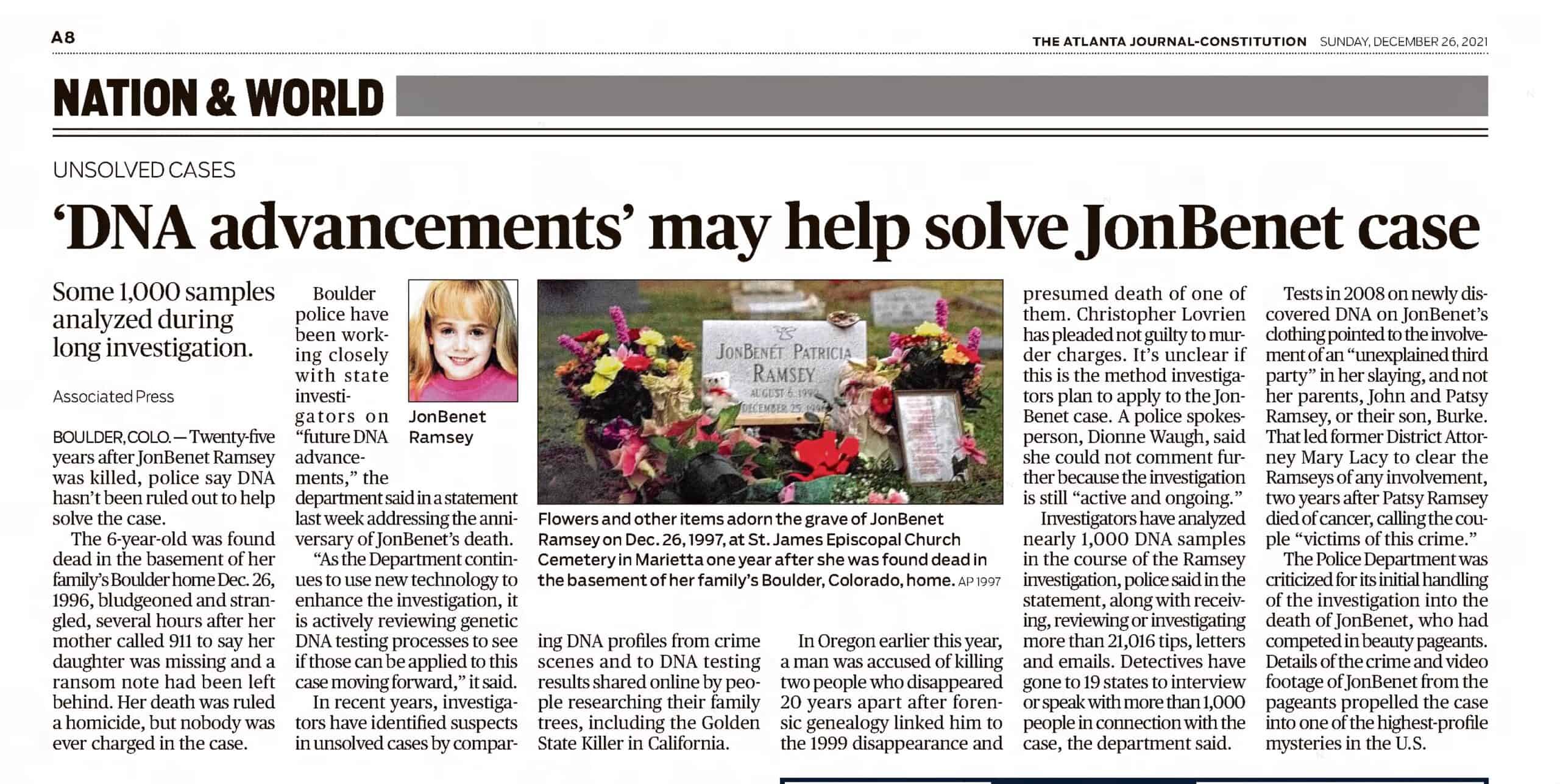 DNA Advancements May Help Solve JonBenet Case AJC Dec 26 2021