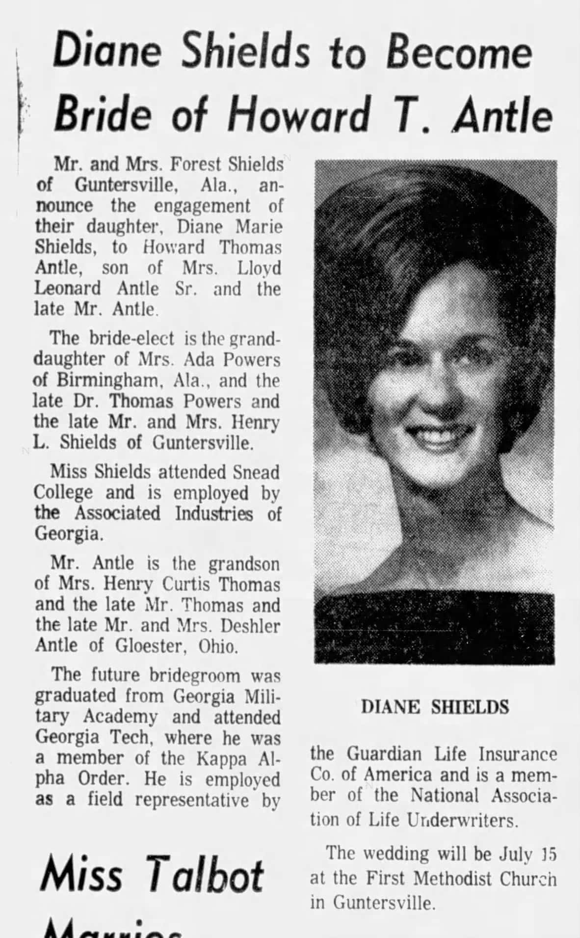 Diane Shields Wedding Announcement May 3 1967 AJC