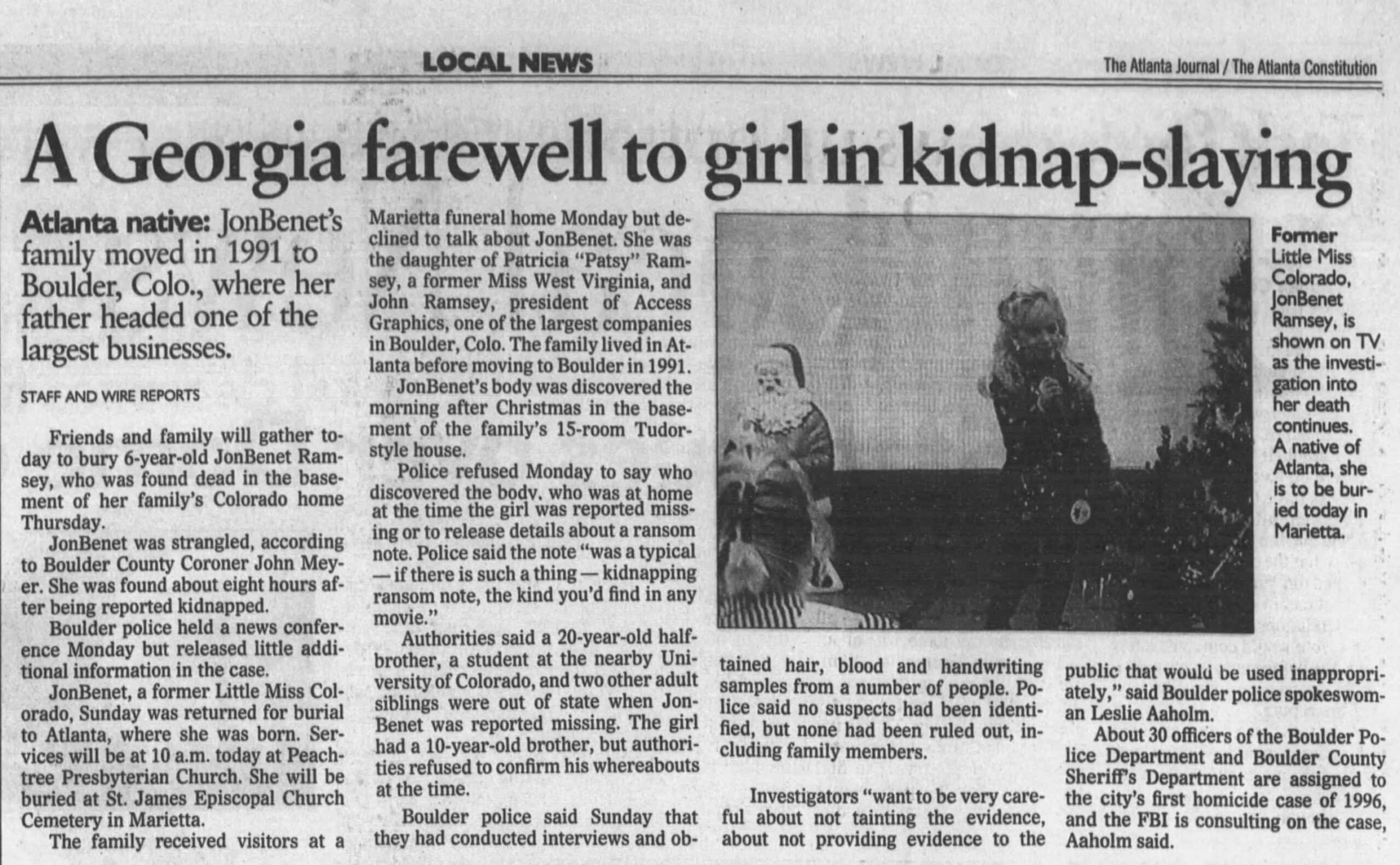 Jonbenet A Georgia Farewell To Girl In Kidnap Slaying AJC Dec 31 1996