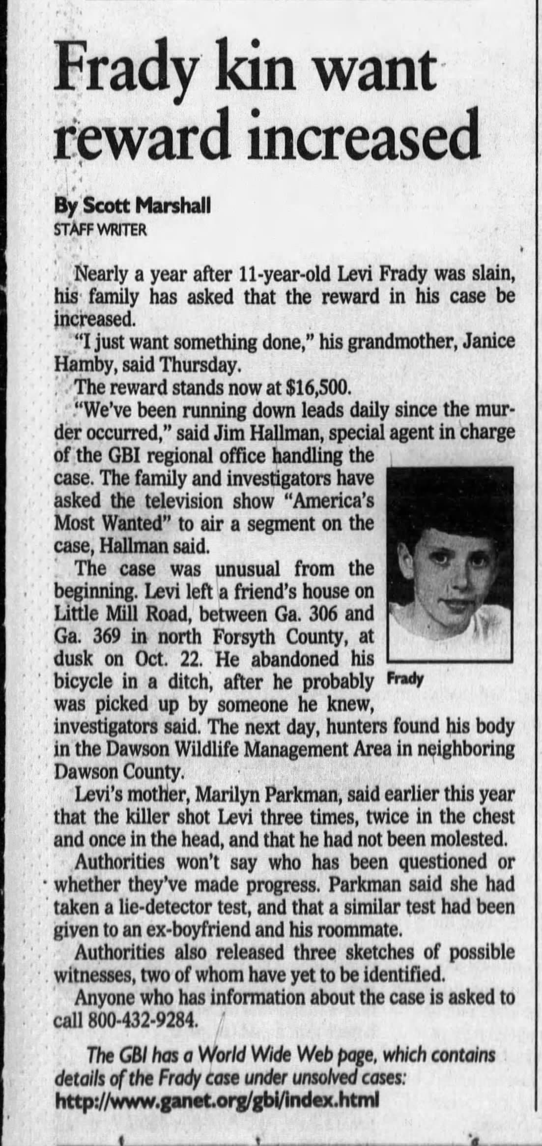 Levi Frady Kin Want Reward Increased AJC Aug 28 1998