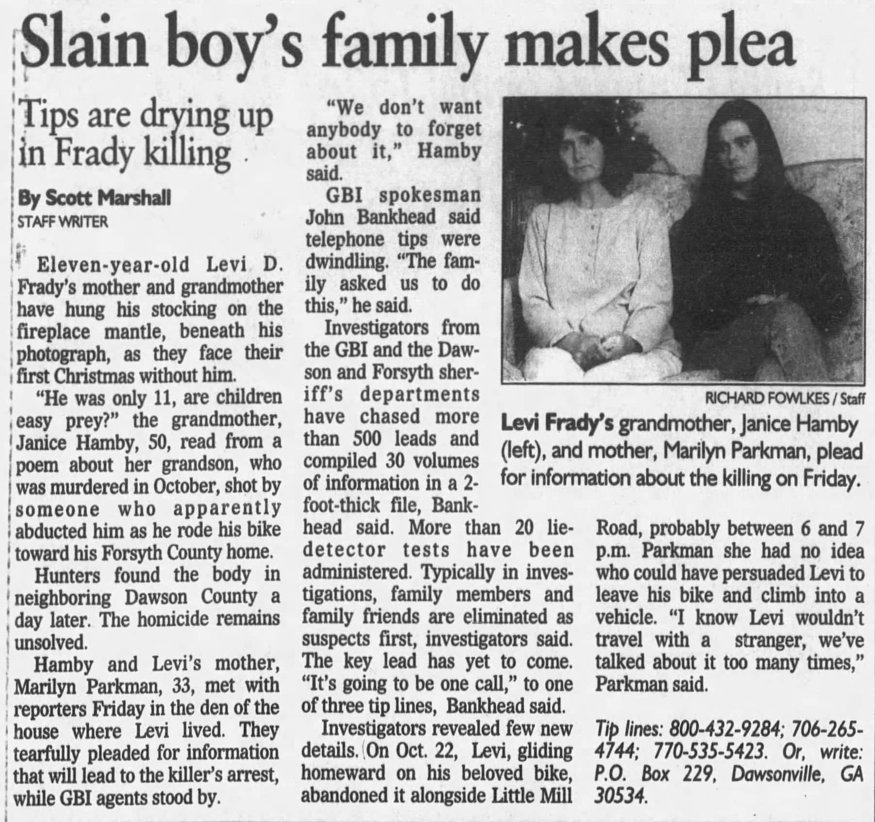 Levi Frady Slain Boys Family Makes Plea AJC Dec 20 1997