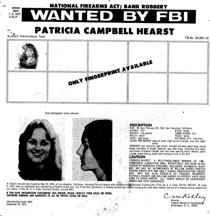 Patty Hearst FBI Poster