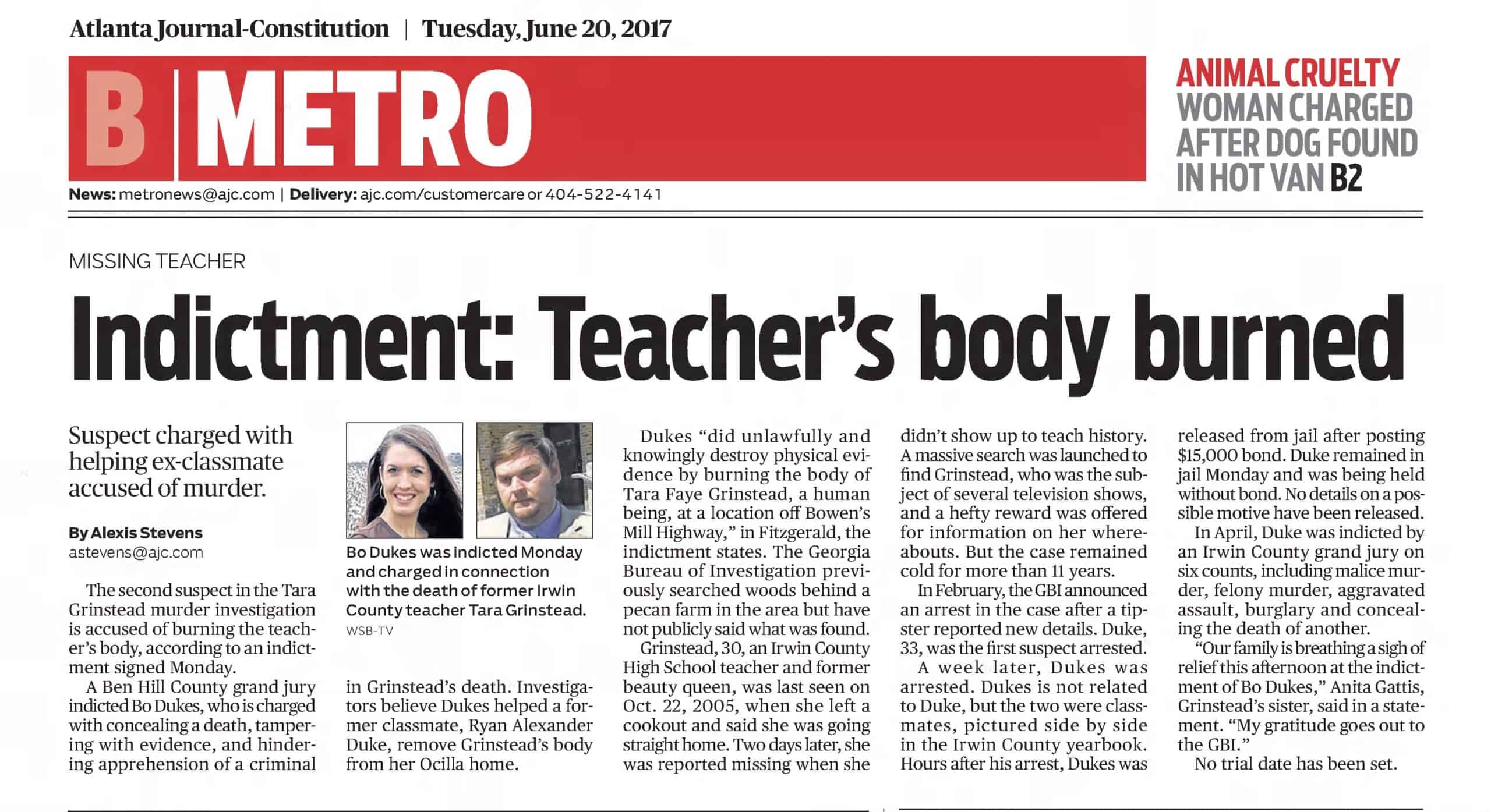 Tara Grinstead Indictment Teachers Body Burne AJC Jun 20 2017